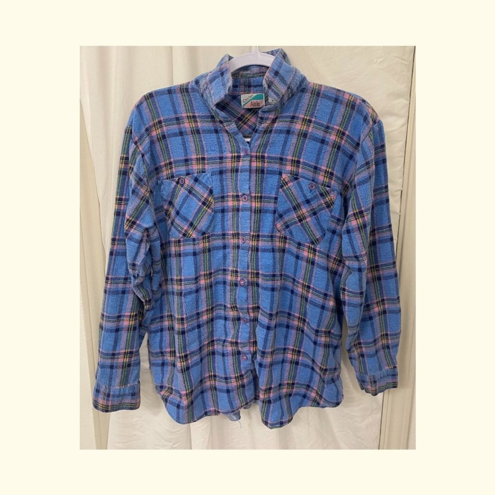 90s BLUE & PINK FLANNEL LONG-SLEEVE CENTER AISLE LARGE